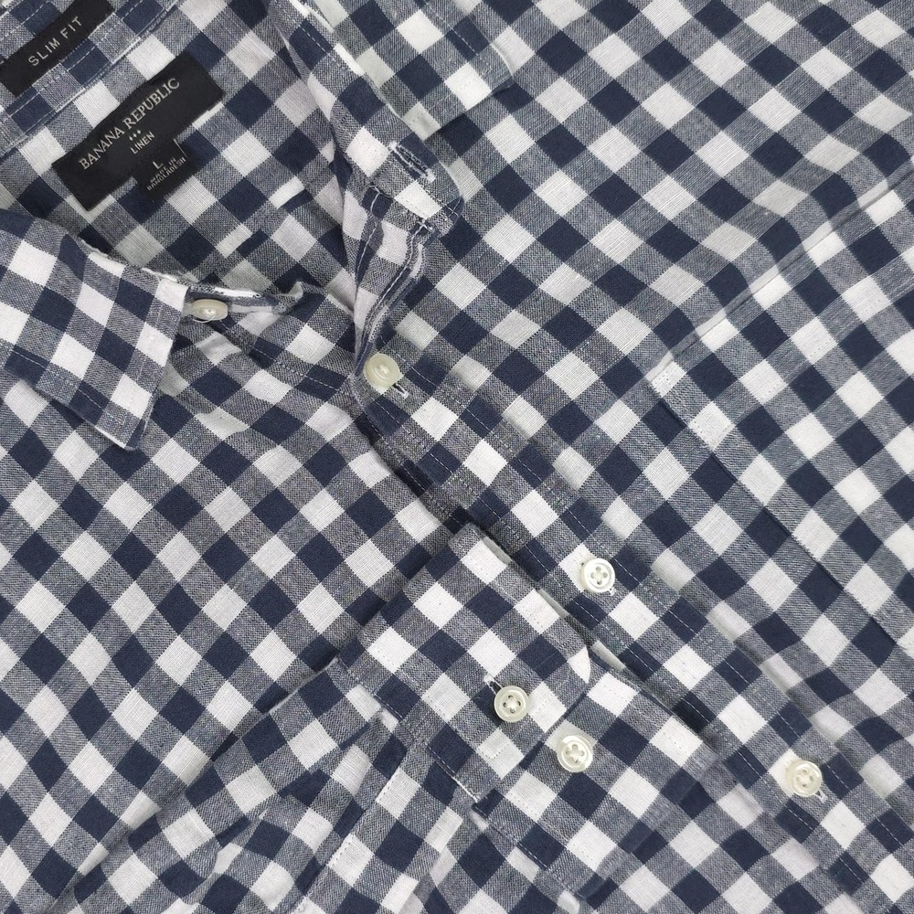 Banana Republic Shirt Mens Large Blue Gingham Long Sleeve Linen Slim Fit Casual